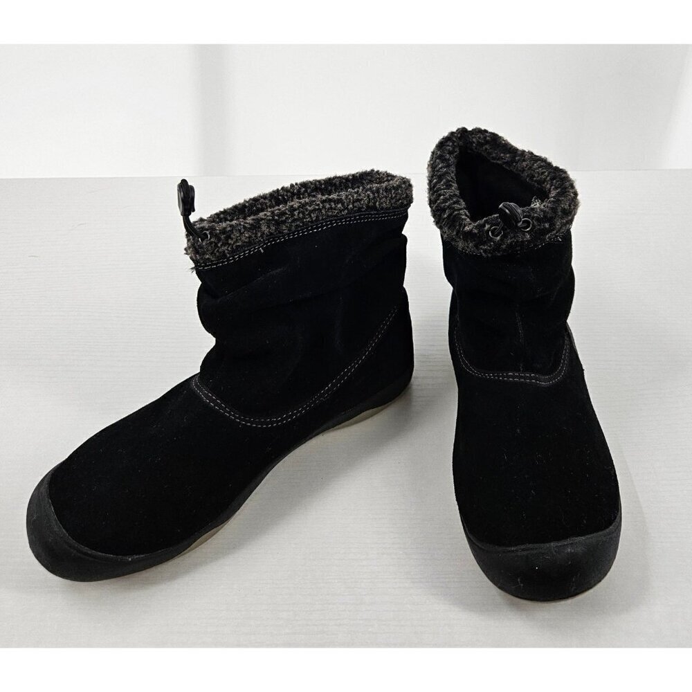 Eddie Bauer Women 8 Hedy Black Pull-on Boots Leather Suede Faux Fur Cinch Top